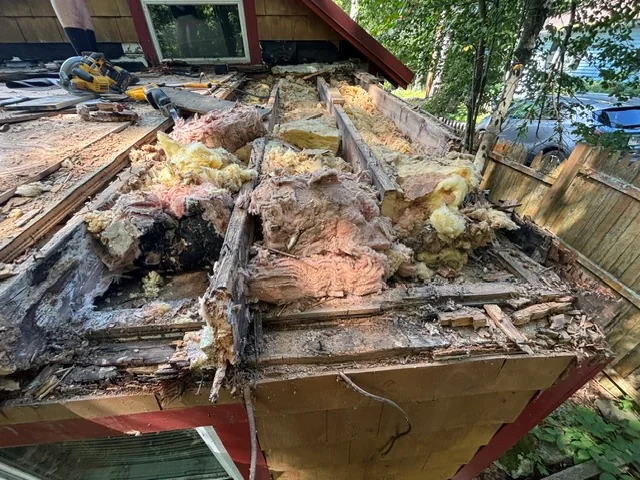 Exposed roof framing and insulation during strip-out